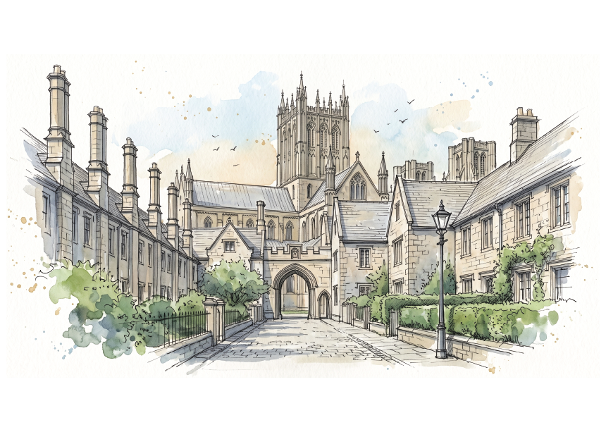 Watercolour-style illustration of a historic stone courtyard with Wells cathedral in the background, flanked by tall chimneys and buildings, with a lamp post in the foreground.