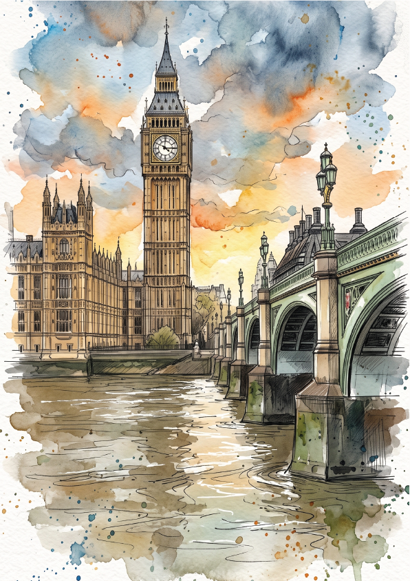 Watercolour-style artwork of Big Ben and the Houses of Parliament in London, with Westminster Bridge on the right, rendered in soft blue, gray, beige, and orange tones.
