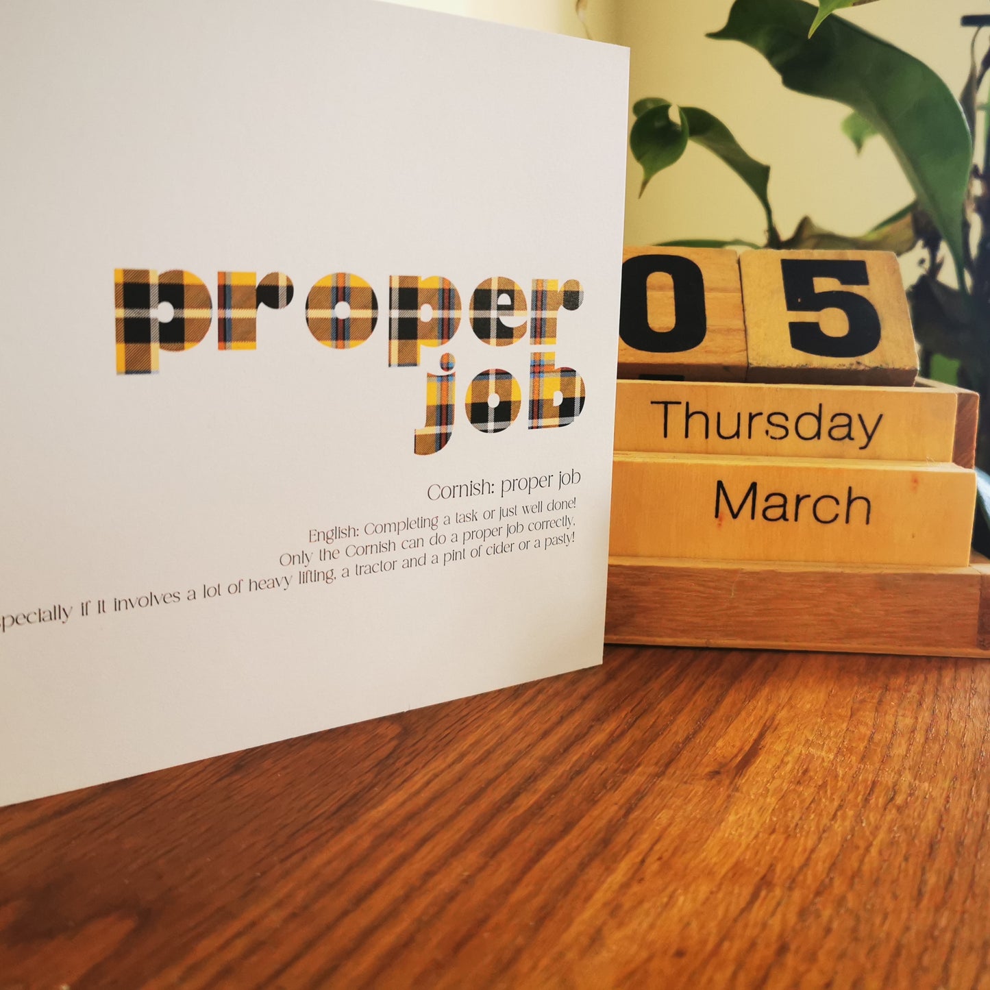 Proper Job Cornish dialect greeting card with bold tartan lettering, by Ella's Adventures