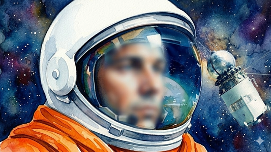 Watercolour portrait of Yuri Gagarin in orange Soviet space suit, stars and Earth behind him, Saratov Russia 1961