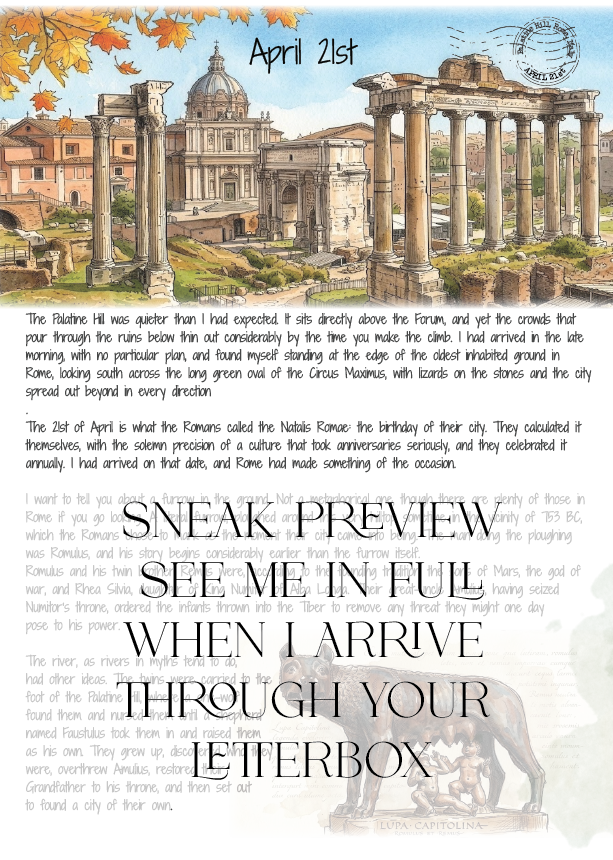 Promotional Letters Home Series for a travel experience with Roman Forum on april 21st illustration and text.