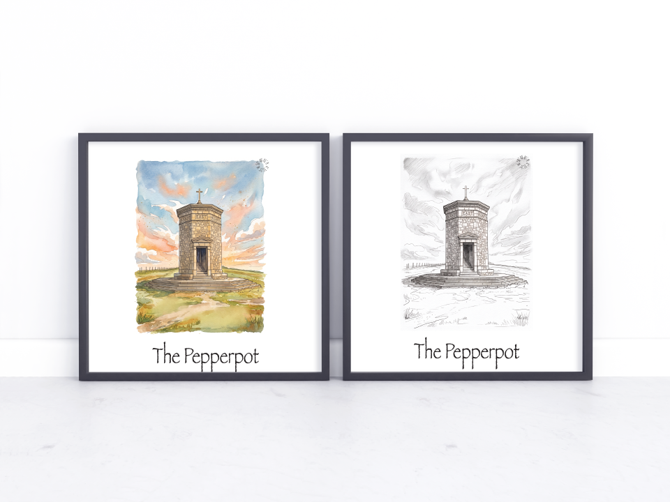 Two framed art prints leaning against a white wall on a light surface. The left print is a watercolour illustration of a stone tower labeled 'The Pepperpot' with a colourful sky, and the right print is a black-and-white sketch of the same tower labeled 'The Pepperpot'.