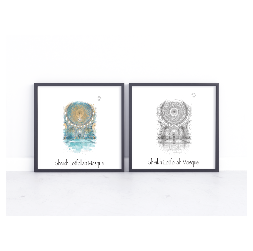 Two framed art prints of Sheikh Lotfah Mosque, displayed side-by-side on a white marble surface against a white wall. The left print features a colorful teal and gold illustration, while the right print features a detailed black and white sketch.