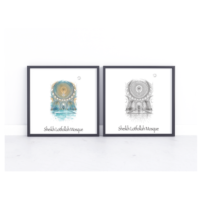 Two framed art prints of Sheikh Lotfah Mosque, displayed side-by-side on a white marble surface against a white wall. The left print features a colorful teal and gold illustration, while the right print features a detailed black and white sketch.