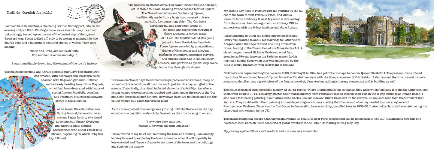 Reverse of a5 8 Page Letter home about Padstow with text, watercolour images, and illustrations on a white background