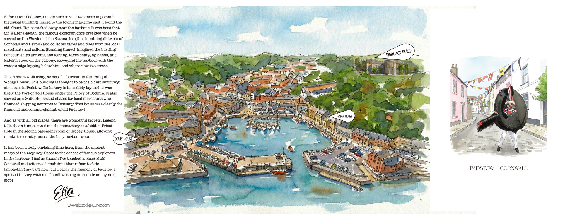 unFolded a5 8 Page Letter home about Padstow with text, watercolour map, and illustrations on a white background 