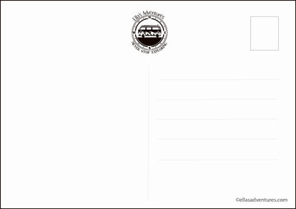 White postcard with a black logo and text on a white background
