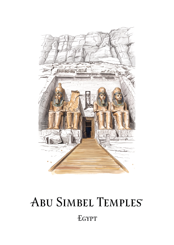 A travel poster product image showing an illustrated scene of Abu Simbel temples in Egypt, with a hand-drawn stone carving and pathway on a white background. The title text reads 'ABU SIMBEL TEMPLES' and 'EGYPT' below.