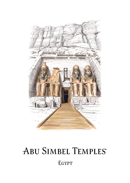 A travel poster product image showing an illustrated scene of Abu Simbel temples in Egypt, with a hand-drawn stone carving and pathway on a white background. The title text reads 'ABU SIMBEL TEMPLES' and 'EGYPT' below.