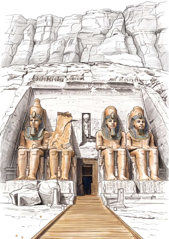A hand-drawn sketch of the Abu Simbel Temple in Egypt, featuring the four seated pharaoh statues, a wooden pathway leading forward, and a rocky cliff face in the background.