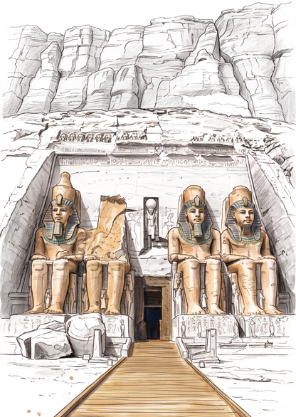 A hand-drawn sketch of the Abu Simbel Temple in Egypt, featuring the four seated pharaoh statues, a wooden pathway leading forward, and a rocky cliff face in the background.
