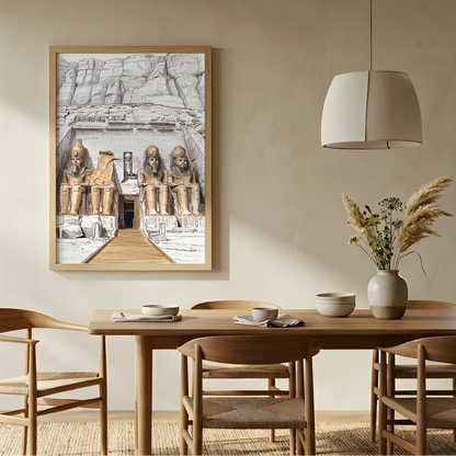 A framed art print depicting ancient Egyptian statues at Abu Simbel and a carved rock face, hanging on a beige wall in a modern, minimalist dining room with a wooden table and chairs.