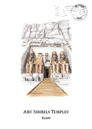 A vintage-style travel illustration of Abu Simbel Temple in Egypt, showing the carved stone facade with four seated statues and a wooden pathway leading forward. The illustration is printed on a white page with the text 'ABU SIMBEL TEMPLES' and 'EGYPT' below, plus a circular postmark graphic at the top right.