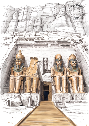 A hand-drawn sketch-style illustration of the Abu Simbel Temples in Egypt, featuring the four seated pharaoh statues, a wooden pathway leading forward, and rough rock cliffs above. The artwork uses black ink lines with warm beige and light brown shading.