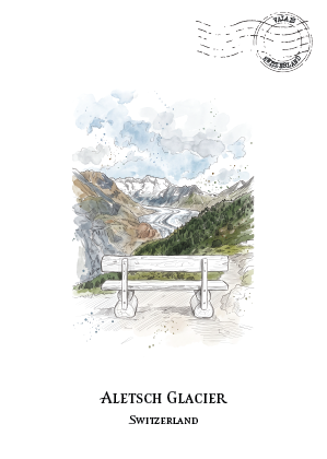 A watercolour-style travel postcard or print featuring a scenic mountain landscape with a bench in the foreground, labeled 'Aletsch Glacier Switzerland' at the bottom. A circular postmark appears in the upper right.