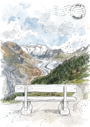 Watercolour and ink illustration of a Altesch Glacier with a bench in the foreground, distant snow-capped peaks, green slopes, and a postmark in the top right hand corner.