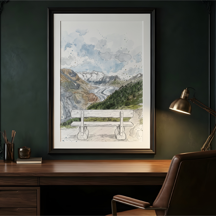 A framed watercolour art print depicting a Aletsch Glacier and the landscape with a bench in the foreground, displayed on a dark green wall above a wooden desk with a chair and lamp.