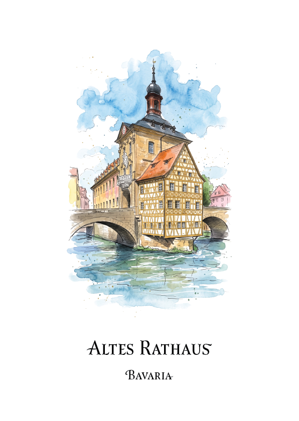 Watercolour art print of the Altes Rathaus in Bavaria, featuring the historic half-timbered building on the Isar river with a bridge and blue sky, with the text 'ALTES RATHAUS' and 'BAVARIA' below.