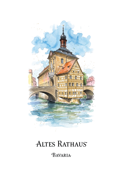 Watercolour art print of the Altes Rathaus in Bavaria, featuring the historic half-timbered building on the Isar river with a bridge and blue sky, with the text 'ALTES RATHAUS' and 'BAVARIA' below.