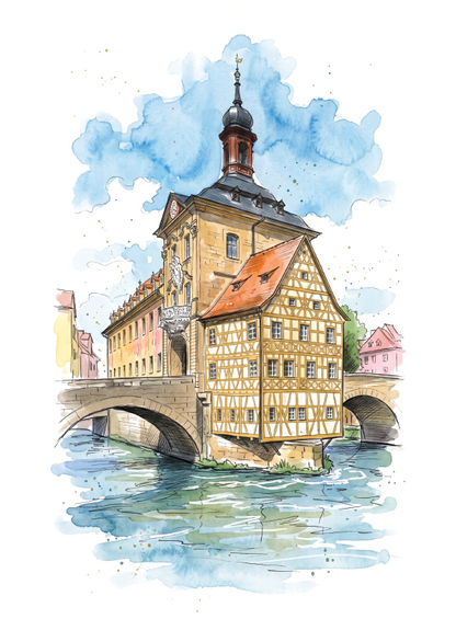 Watercolour-style artwork of a historic half-timbered building, the Town hall at Altes Rathaus, on the river, with a bridge, arched waterway, blue sky, and soft water reflections.