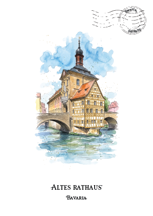 Watercolour-style illustration of the Altes Rathaus in Bavaria, showing a historic half-timbered building beside a river with a bridge and blue sky. The text 'ÄLTES RATHAUS' and 'BAVARIA' appears below, with a postage-style stamp graphic at the top right.