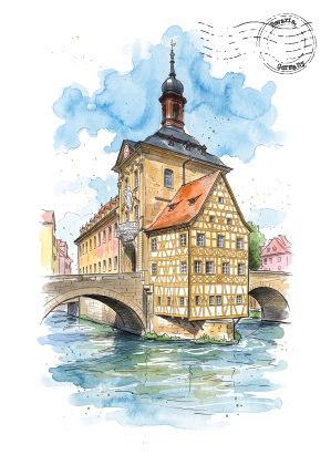 Watercolour-style illustration of the Altes Rathaus in Bavaria, showing a historic half-timbered building beside a river with a bridge and blue sky with a postage-style stamp graphic at the top right.
