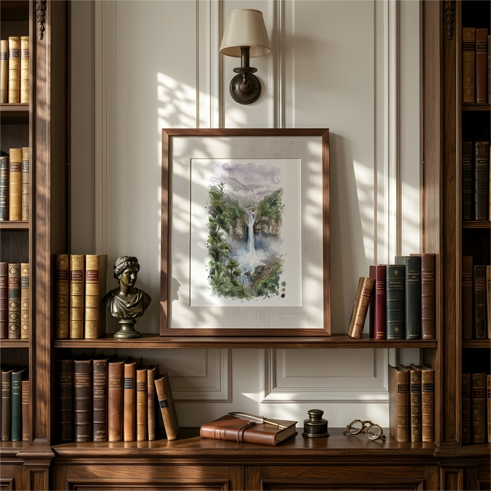 A framed watercolour painting of a colourful Amazon Rainforest in Peru, hangs on a paneled wall between dark wood bookshelves filled with books. A wall lamp is above, and a small bust and books sit on the shelf below.