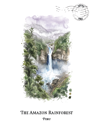 A watercolour-style travel postcard of the Amazon rainforest in Peru, featuring a waterfall cascading down a rocky cliff surrounded by lush green trees. The text 'THE AMAZON RAINFOREST' and 'PERU' is printed below the illustration, with a circular stamp graphic in the top right corner, all set against a solid white background.