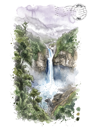 Watercolour  illustration of a waterfall cascading down rocky cliffs into a pool, surrounded by lush green trees and misty purple-gray clouds of the Amazon Rainforest in Peru, with a circular stamp graphic in the upper right.