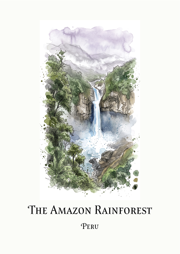 A vertical art print featuring a watercolour illustration of a waterfall in a lush rainforest, with the text 'THE AMAZON RAINFOREST' and 'PERU' below on an off-white background.