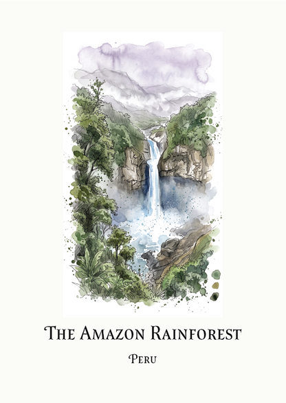 A vertical art print featuring a watercolour illustration of a waterfall in a lush rainforest, with the text 'THE AMAZON RAINFOREST' and 'PERU' below on an off-white background.