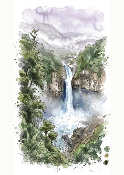 Watercolour landscape illustration of a tall waterfall cascading between rocky cliffs, surrounded by dense green foliage and misty mountains under a soft lavender sky of the Amazon Rainforest in Peru.