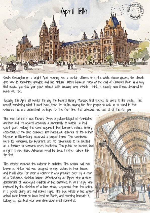 Illustration of a large building with text and a dinosaur skeleton on a white background