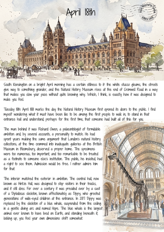 Illustration of a large building with text and a dinosaur skeleton on a white background