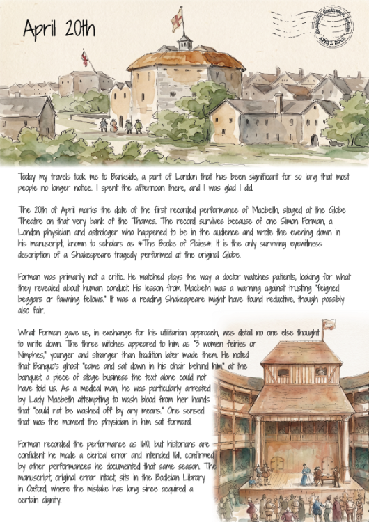 Historical letter with text and illustrations of Globe theatre and stage set, dated April 20th.