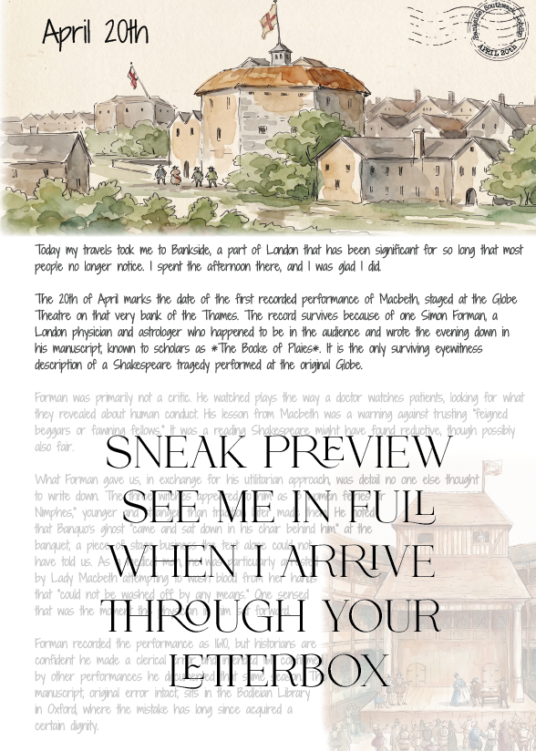 Letter with scenic illustration of a town and castle, featuring text about a travelogue and a sneak peek invitation.