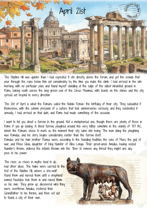 Illustration of ancient Roman Forum with text on April 21st, featuring a wolf and two boys