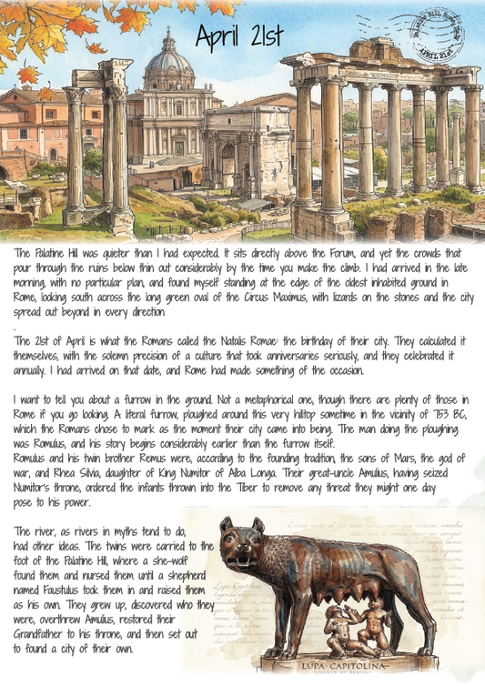 Illustration of ancient Roman Forum with text on April 21st, featuring a wolf and two boys