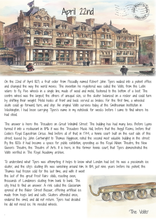 Historical document with text and illustration of a building, likely from a museum or educational institution.