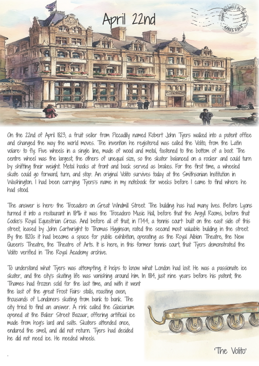 Historical document with text and illustration of a building, likely from a museum or educational institution.