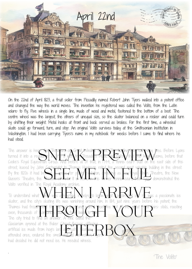 Letter Home for April 22nd  for The  Trocadero building illustration and text.