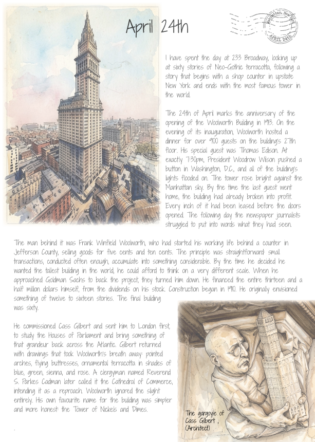 Promotional historical letter home, with Woolworth building and freize  and sneek peak text