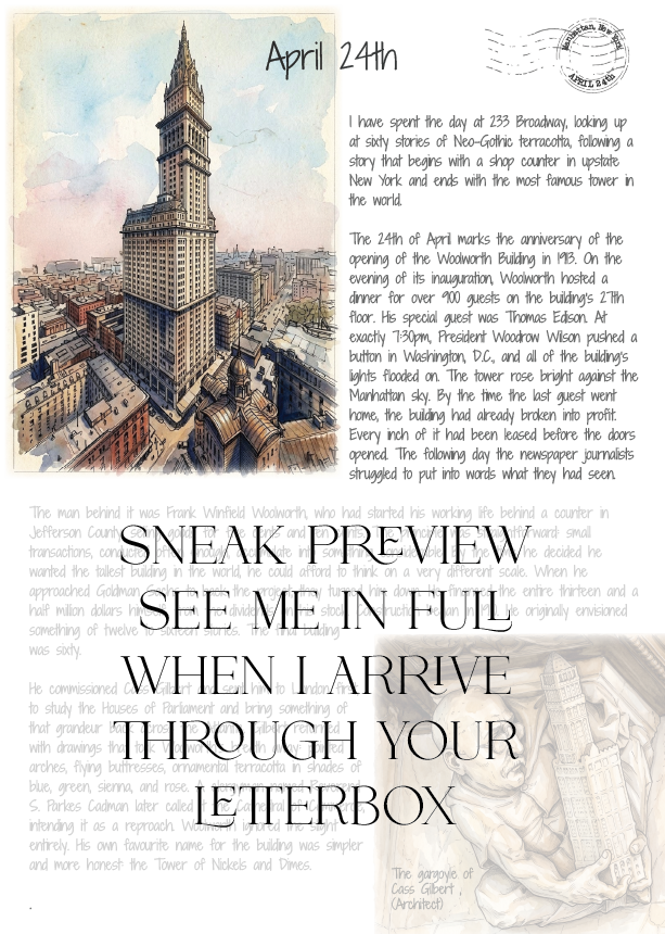 Advertisement for a sneak preview of a full story, featuring a cityscape with a prominent building.