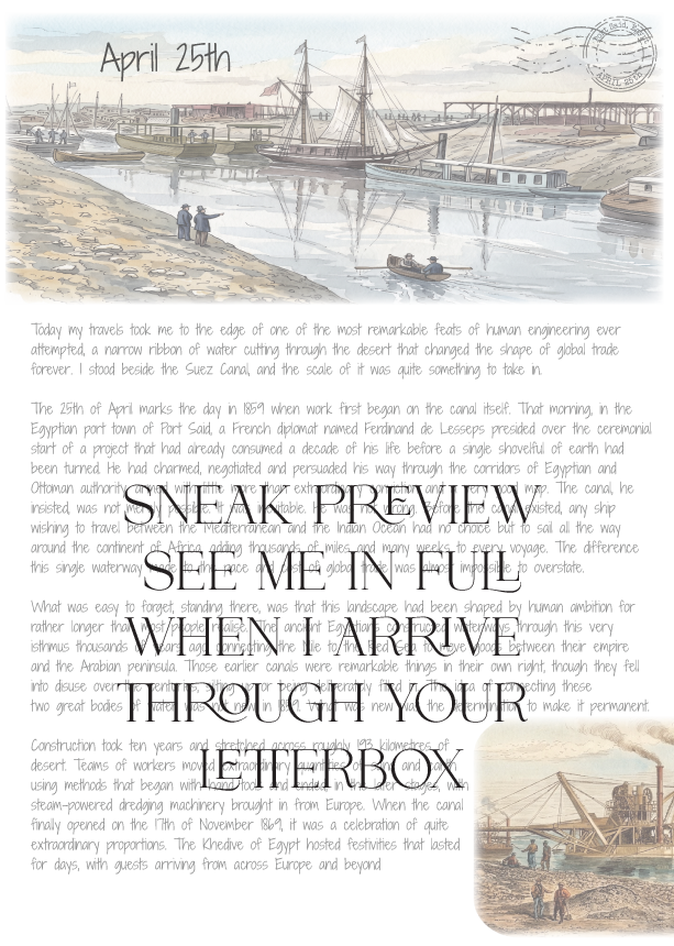 Letter with vintage ship illustration on Suez Canal and text on a white background