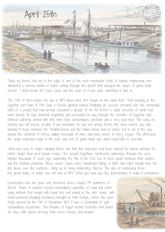 Historical document with illustrations of a canal and text on April 25th.