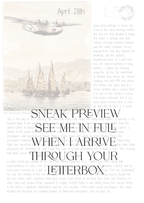 Advertisement with vintage airplane and ship illustration, text about sneak peek, and April 28th date.