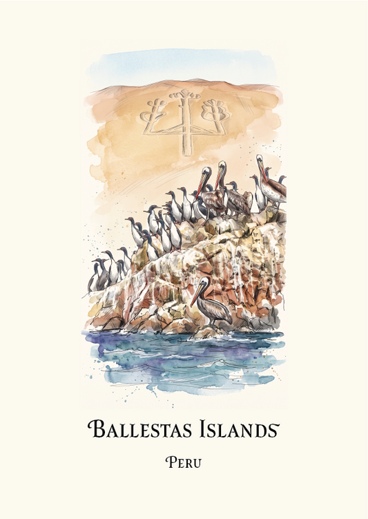 A watercolour-style travel art print of the Ballestas Islands in Peru, featuring a detailed illustration of brown pelicans on rocky cliffs with a geode formation in the background, set against a cream-coloured canvas with black text at the bottom.