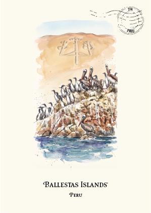 A watercolor-style travel art postcard of the Ballestas Islands in Peru, featuring penguins on a rocky cliffside with a pelican in the foreground and a candelabro symbol etched into the sand above. The print is presented on a cream-coloured background with a circular stamp graphic in the top right and the text 'Ballestas Islands' and 'Peru' at the bottom.