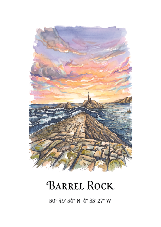 A watercolour and ink art print of Barrel Rock, featuring a stone pier leading to a rocky island under a dramatic sunset sky with pink, orange, and purple clouds. The print is displayed on a clean white background with the text 'BARREL ROCK' and coordinates printed below.