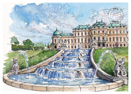 The Belvedere Fountain, Vienna · Watercolour Postcard